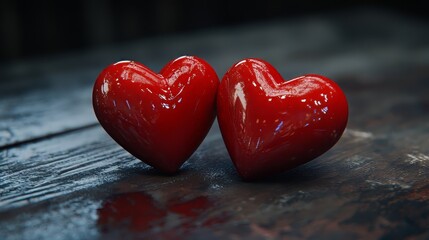Fototapeta premium Two red hearts on a dark wood