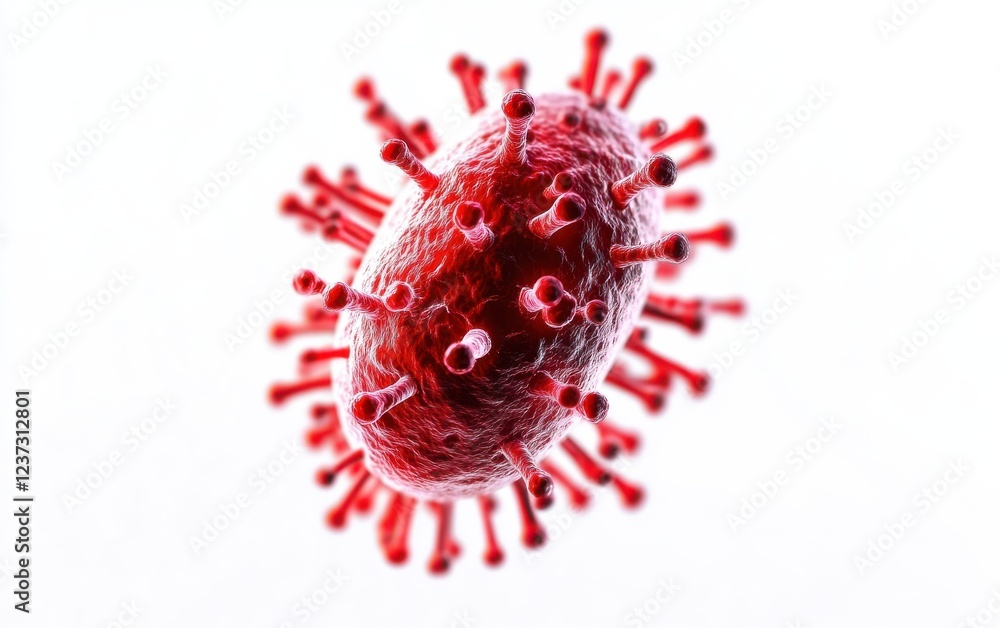 Poster microscopic view of a red virus with spike proteins, illustrating the complexity of viral structures