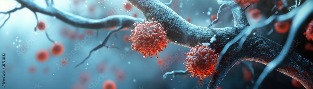Poster microscopic view of viral particles displayed on a dark background, highlighting the intricate detai