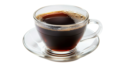 Transparent background with glass cup of fresh hot coffee resting on saucer