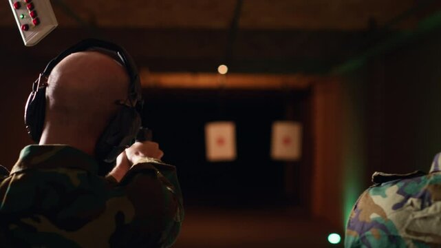 Team of soldiers wearing uniform in firing range doing shooting course to elevate marksmanship skills. Military units in shooting gallery using weapons to engage targets at various ranges, camera B