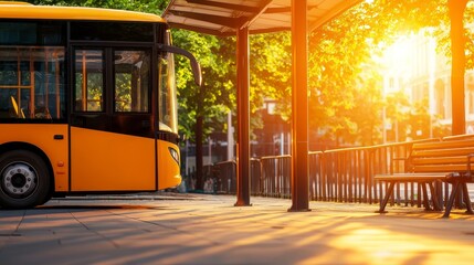 A sleek, modern school bus with aerodynamic design parked near a bus stop bench with metal railings, emphasizing urban order, futuristic style, clean lines, neutral tones