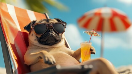 Relaxed Pug in Sunglasses Lounging on Tropical Beach Chair with Umbrella Drink
