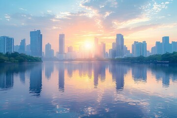 Fototapeta premium Silhouettes of skyscrapers reflected in the water at sunset. AI generative. .