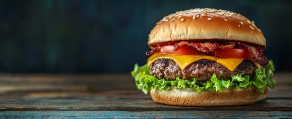 Juicy bacon cheeseburger on rustic wood. (3)
