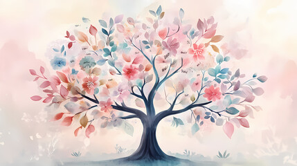 Enchanting family tree in watercolor style, showcasing delicate branches, whimsical leaves with names, and soft pastel hues symbolizing heritage and nostalgia. Pastel Nostalgia. Illustration