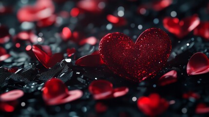 Red glitter heart among dark petals