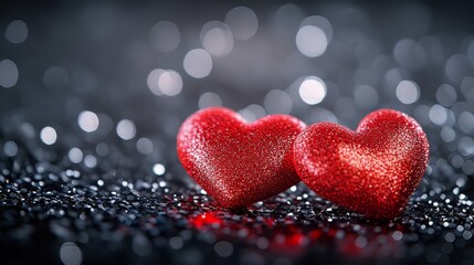 Obraz premium Two sparkling hearts on dark glitter