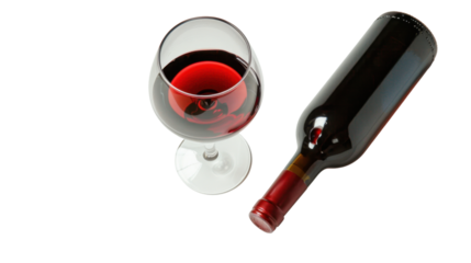 Glass of red wine with a transparent background and a wine bottle lying down