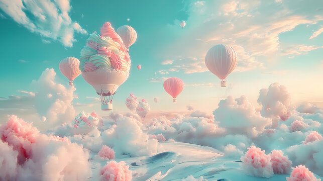 Ice cream dreams - surreal fantasy with hot air balloons in the sky. Pastel Nostalgia. Illustration
