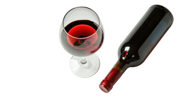 Glass of red wine with a transparent background and a wine bottle lying down