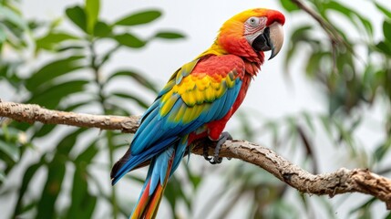 Fototapeta premium A vibrant scarlet macaw with blue and yellow feathers perches on a branch, its head turned. AI generative. .