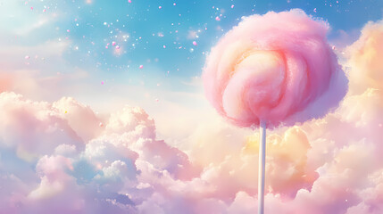 Soft pastel cotton candy with a dreamy background evoking nostalgia and whimsy perfect for a playful and colorful summer treat illustration. Pastel Nostalgia. Illustration