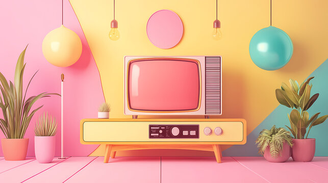 Retro television with video player, colorful decor, and pastel background, evoking nostalgia and vintage vibes in modern design. vintage. illustration. Pastel Nostalgia. Illustration