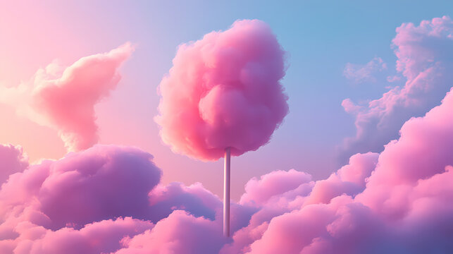 Soft pastel cotton candy with a dreamy background evoking nostalgia and whimsy perfect for a playful and colorful summer treat illustration. Pastel Nostalgia. Illustration