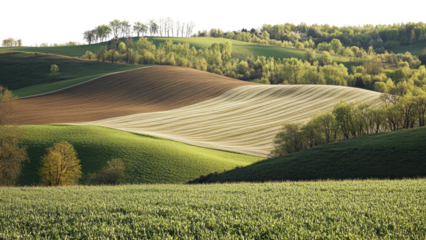 Rolling hills with lush green fields in daylight isolated on transparent background