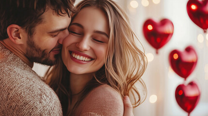 Romantic Valentine's Embrace: A loving couple embraces, with the man kissing the woman's cheek. Red heart balloons add a romantic backdrop to this intimate moment.