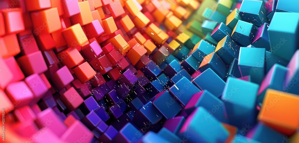 Sticker a rainbow of colorful blocks forming an abstract 3d pattern, vibrant and eye-catching.
