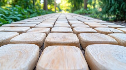 Fototapeta premium Wooden block pathway leads through a lush green park during a bright sunny day.