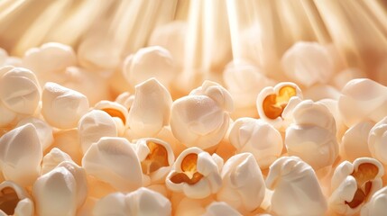 Fluffy popcorn kernels in close-up, golden glow with detailed texture, arranged for a vibrant banner look, digital art style