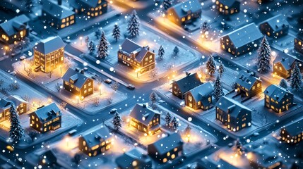 Isometric 3D rendering of a winter cityscape, tiny snow-covered houses, glowing streetlights, and detailed roads