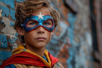 Close up portrait of a boy wearing a blue and red superhero mask with a white star. AI generative. .