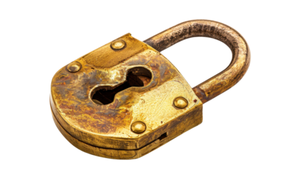 Old rusty padlock showing keyhole on transparent background