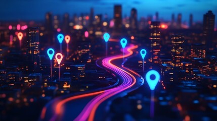 Obraz premium Urban Nightscape with Colorful Location Pins and Light Trails