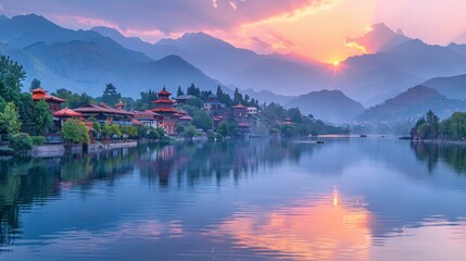 A serene lake surrounded by mountains at sunrise, reflecting the pink and orange hues of the sky. AI generative. .