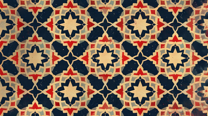 A colorful geometric pattern featuring stars and intricate designs in red, blue, and beige.
