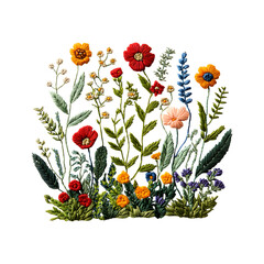 Embroidered Botanical Tapestry Wall Hanging with Flowers Isolated on Transparent Background