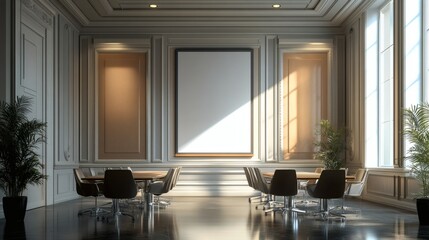 Modern conference room with large blank frame and natural light