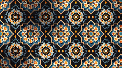 A vibrant geometric pattern featuring floral motifs in blue, orange, and black.