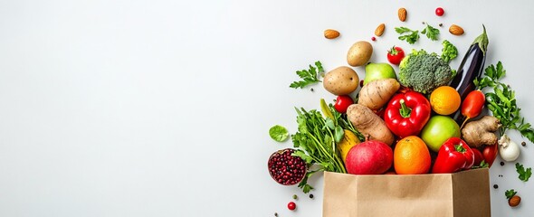 Fresh produce overflowing from a paper bag. (4)