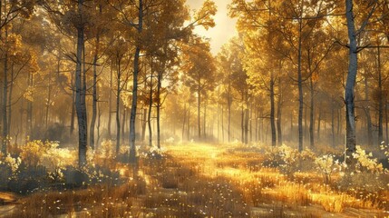 Golden light filters through tall trees in a misty forest. AI generative. .