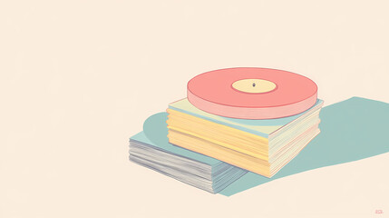 A minimalist concept of stacked vinyl records, drawn with thin outlines and subtle pastel colors, evoking a sense of simplicity and nostalgia. Pastel Nostalgia. Illustration