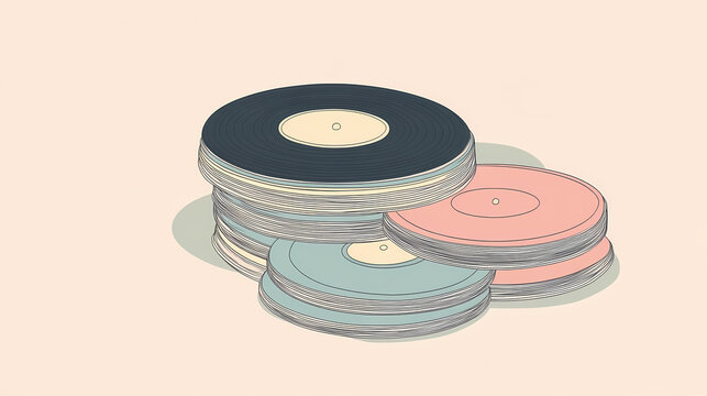 A minimalist concept of stacked vinyl records, drawn with thin outlines and subtle pastel colors, evoking a sense of simplicity and nostalgia. Pastel Nostalgia. Illustration