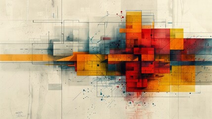 Abstract geometric shapes in yellow, orange, and red on a light beige background with blue accents. AI generative. .