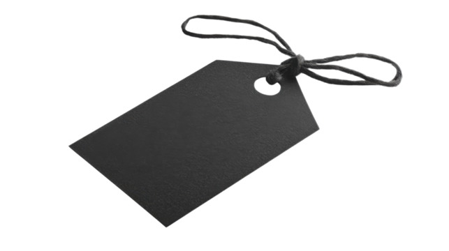 Blank black cardboard price tag with string on transparent background