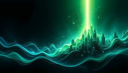Futuristic Green Cityscape with Light Beams