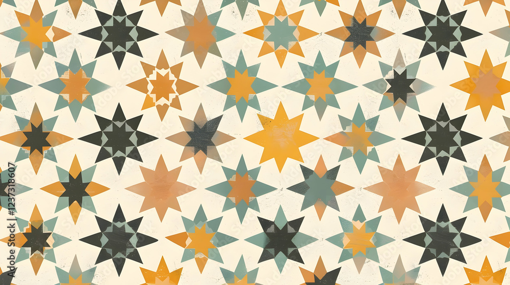Poster a repeating pattern of colorful star shapes on a light background.
