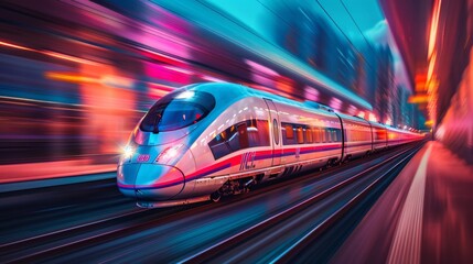 Fototapeta premium High speed train in a colorful neon tunnel with motion blur. AI generative. .
