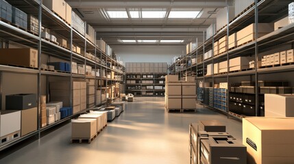 Obraz premium Sunlight is streaming into a large warehouse interior showing cardboard boxes, metal shelves and pallets, suggesting innovative production and distribution processes