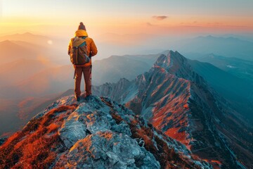 A lone hiker stands on a mountain peak at sunrise, overlooking a vast, misty landscape. AI generative. .