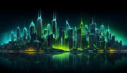 Fototapeta premium Futuristic Green Cityscape with Light Beams