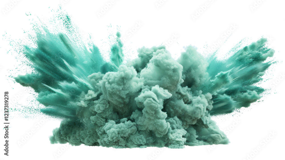 Poster turquoise powder exploding creating a cloud on transparent background