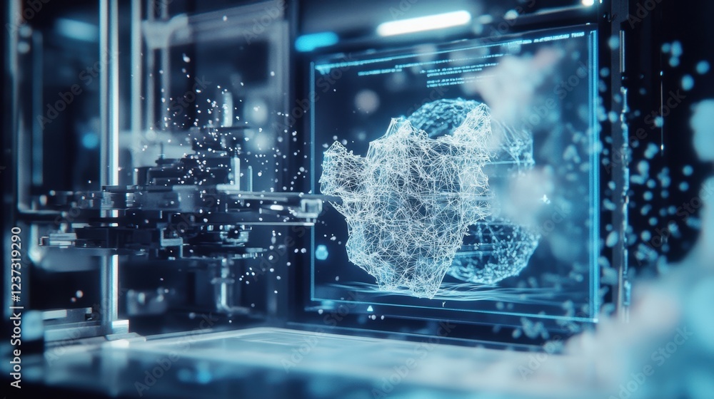 Aufkleber complex wireframe model being generated on a futuristic holographic display by a 3d printer, showcas