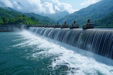 Water cascading over a dam, creating white foam and turquoise water in the foreground. AI generative. .