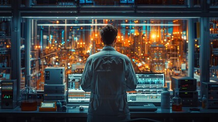 Fototapeta premium A man in a white lab coat stands facing a computer screen displaying glowing data, with a large window behind him showing a blurry cityscape at night. AI generative. .