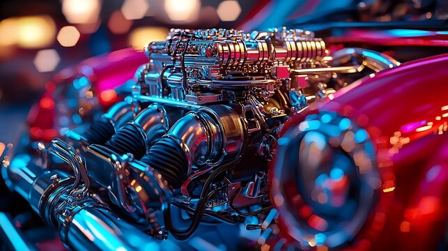 Close-up view of a powerful car engine at night, city lights blurred in the background; ideal for automotive advertising.